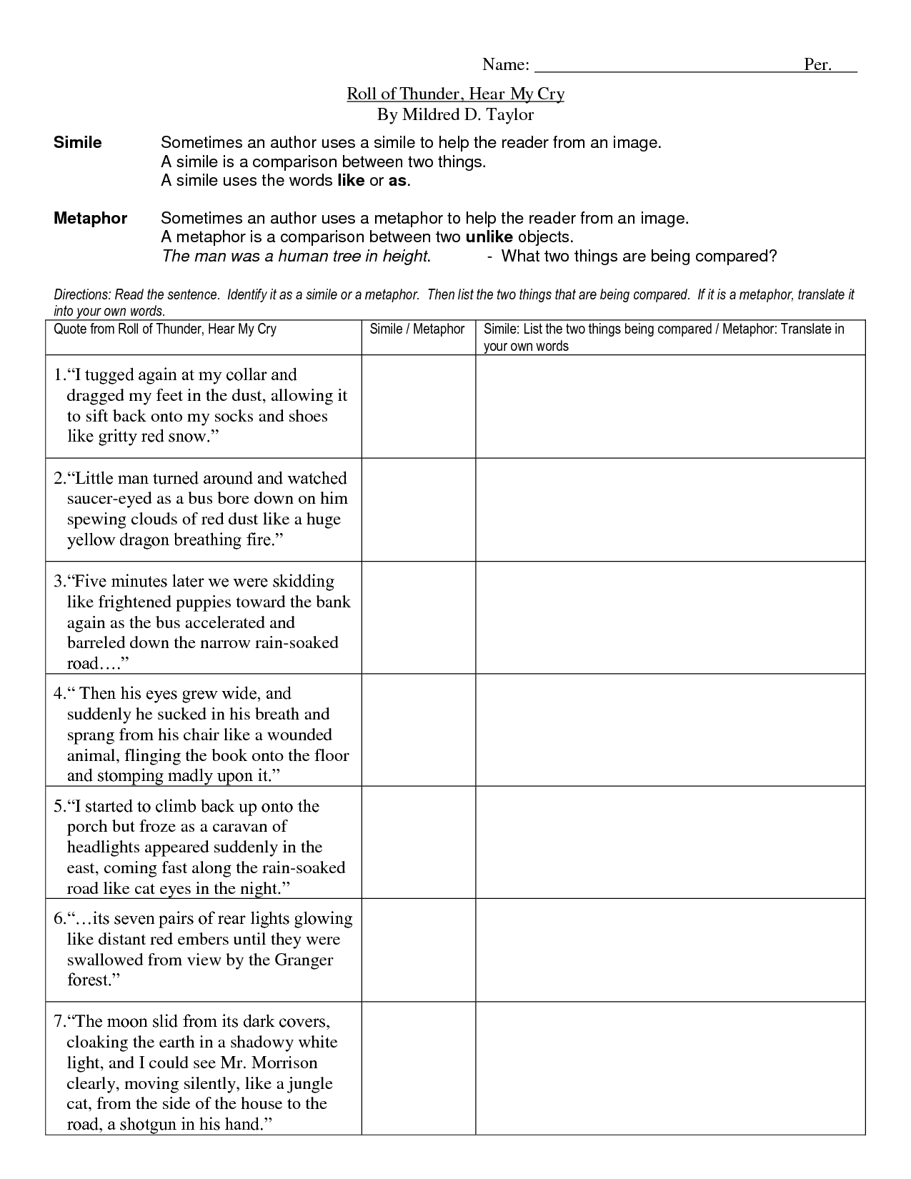 Roll of Thunder Hear My Cry Worksheets