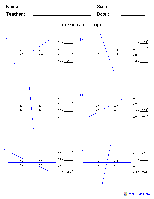 Vertical Angles Worksheet