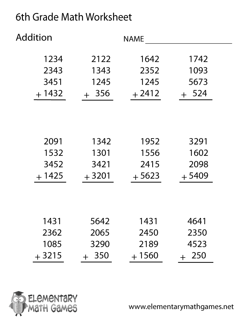 6th Grade Math Addition Worksheets