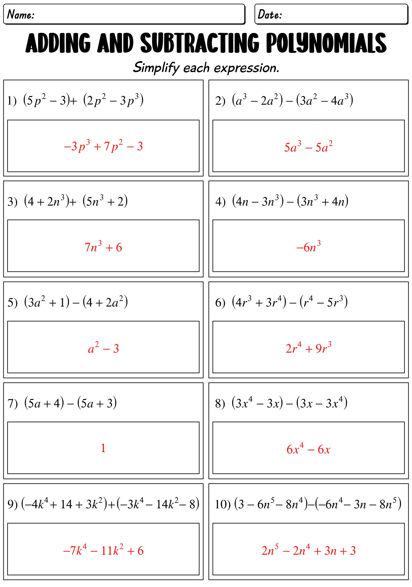 Adding and Subtracting Polynomials Worksheet Answers