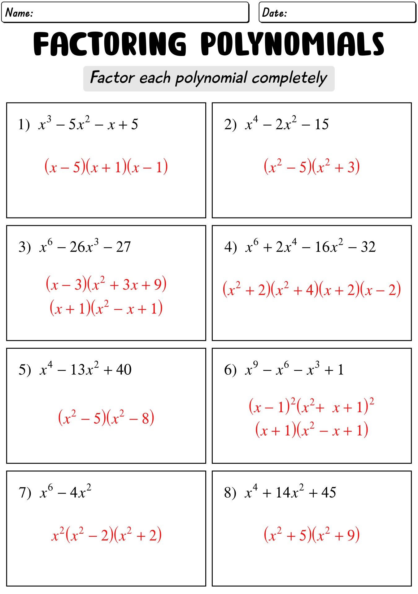 Algebra 2 Factoring Polynomials Worksheet with Answers