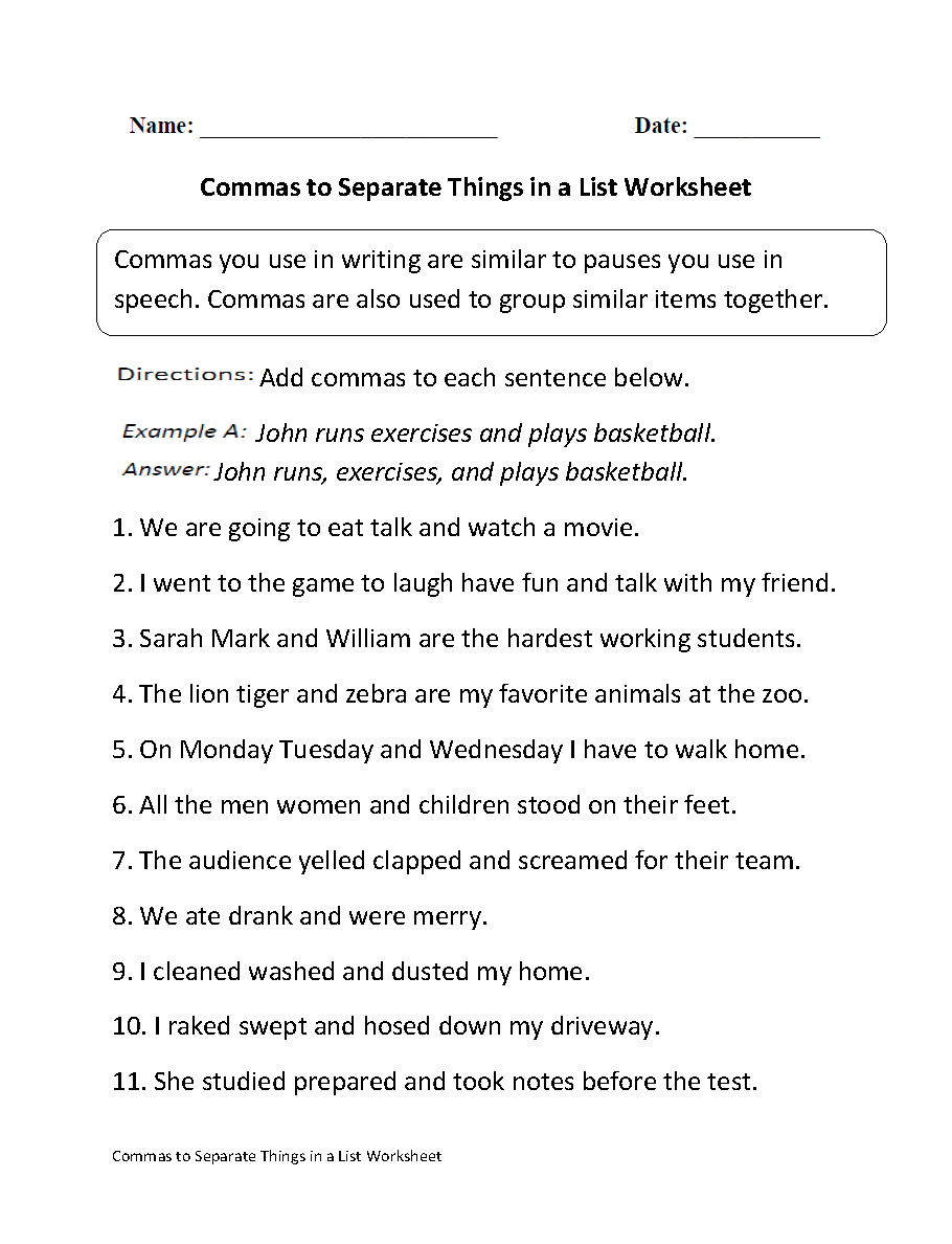 Comma Worksheets