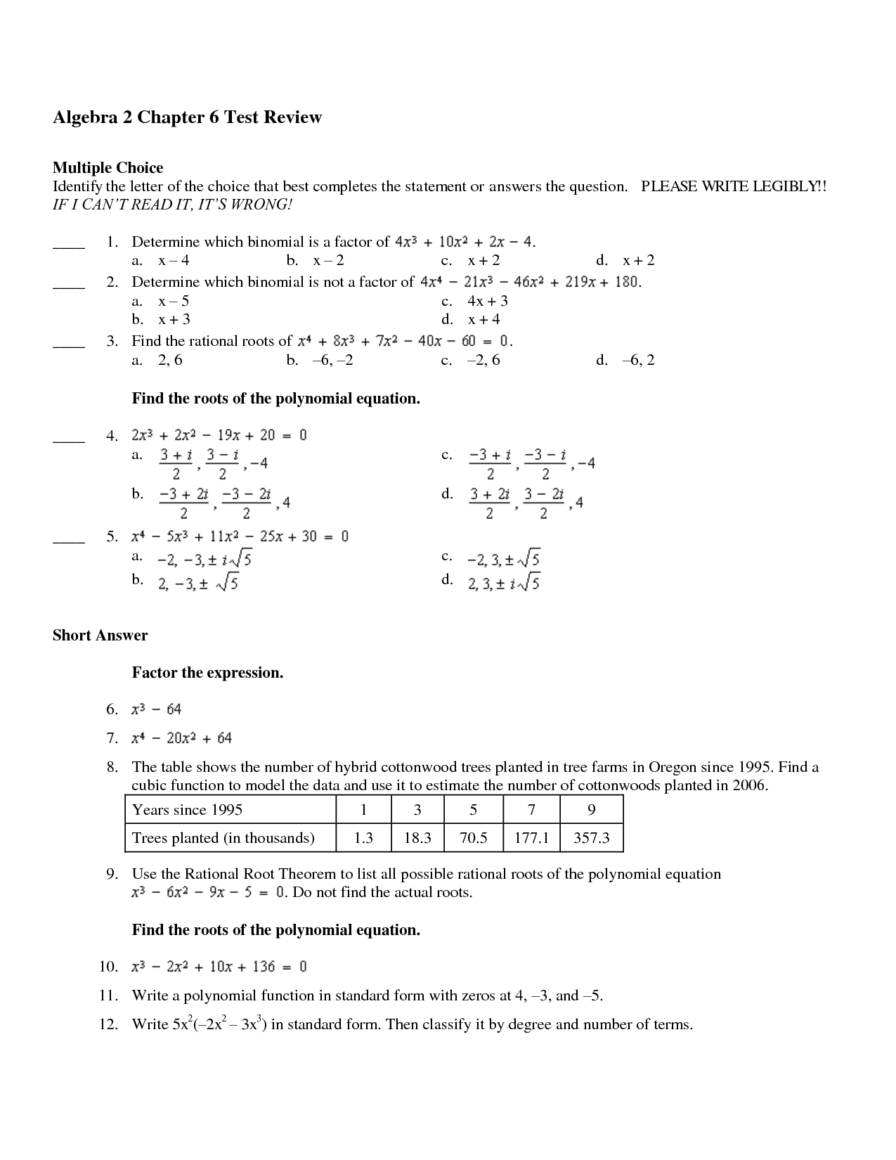 Algebra 2 Chapter 6 Test Review