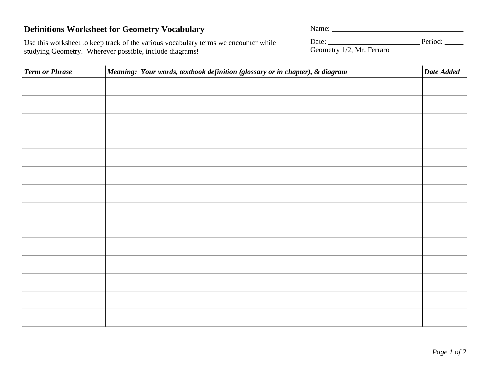 Printable Vocabulary Worksheet Definition