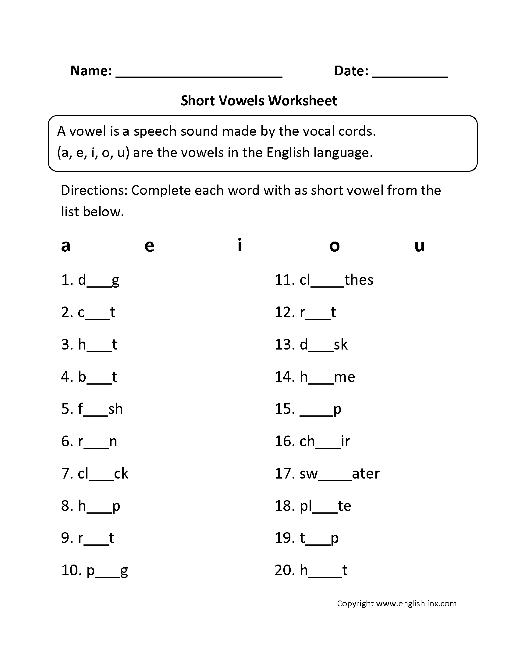 Short Vowel Sounds Worksheets