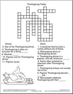 Thanksgiving Crossword Puzzle Middle School