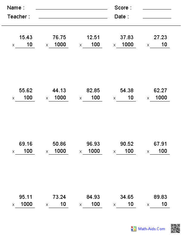 5th Grade Decimal Multiplication Worksheets