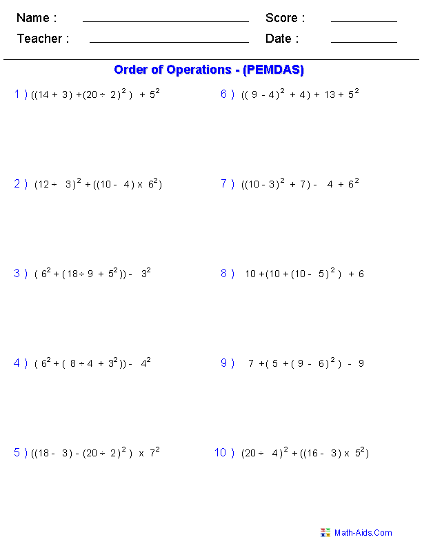 5th Grade PEMDAS Worksheets Order Operations