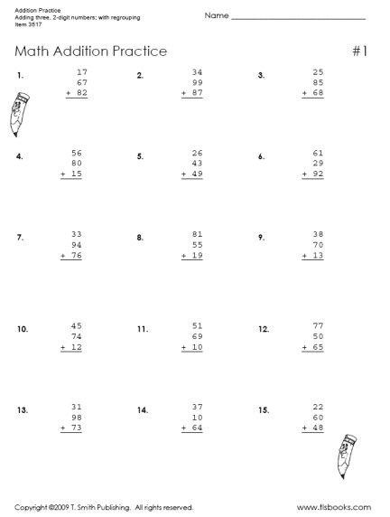 Adding Three Two Digit Number Worksheets