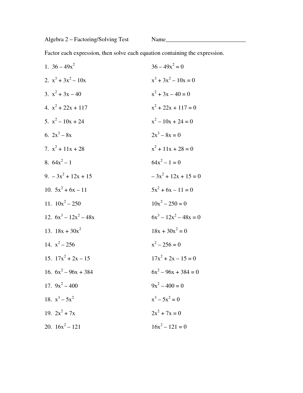 Free Algebra 2 Printable Worksheets