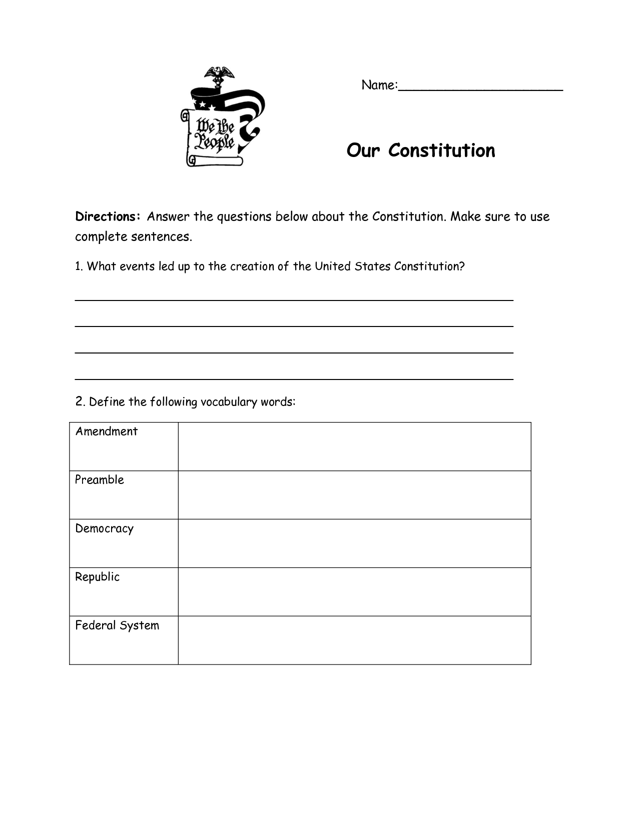 10 Constitution Questions Worksheet Worksheeto