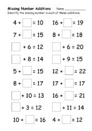 Missing Number Addition Worksheets