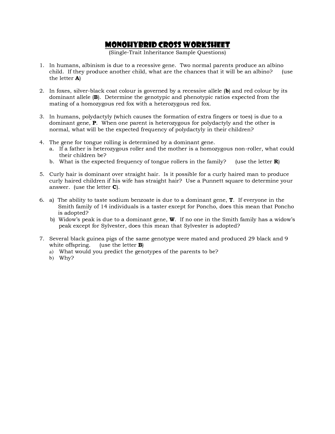 Monohybrid Crosses Practice Worksheet Answer Key