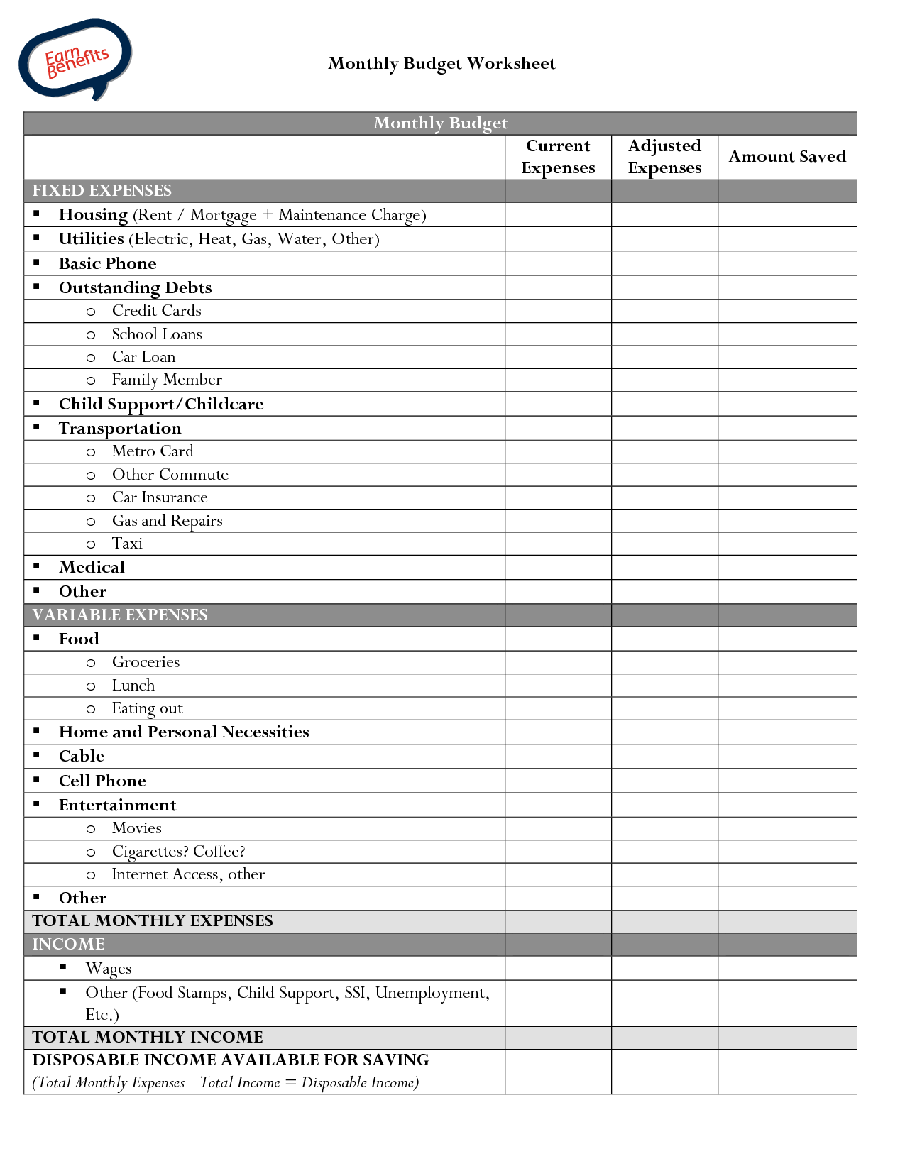 Monthly Budget Expense Worksheet