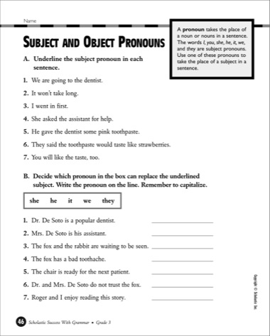 Object Pronouns Worksheets 3rd Grade