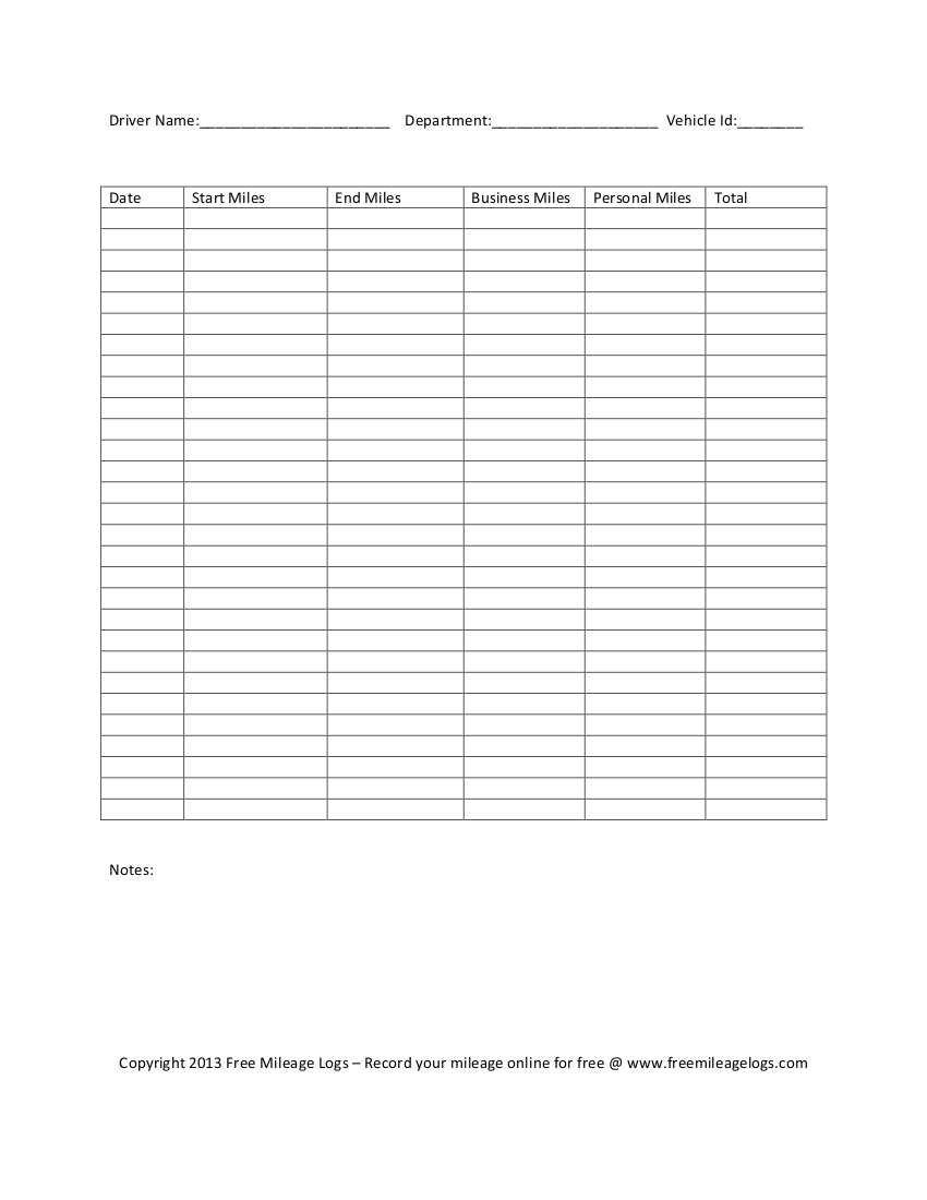 Printable Mileage Log Sheet