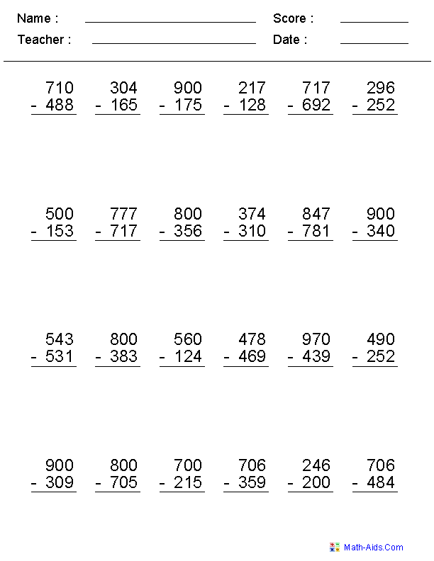 Subtraction Across Zero Worksheets