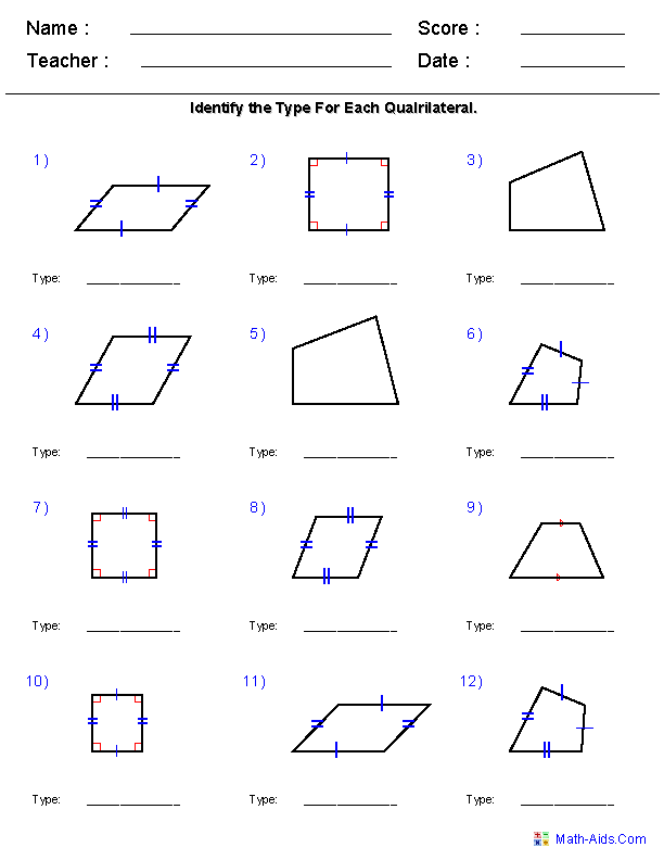 Types of Quadrilaterals Worksheet