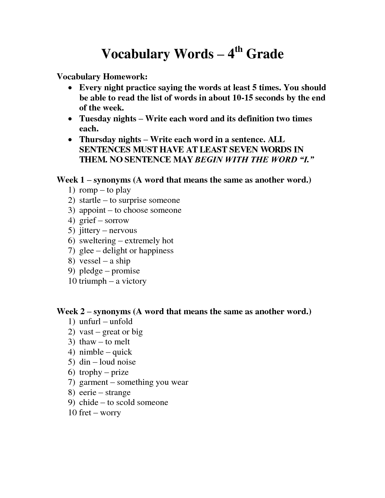 4th Grade Vocabulary Words and Definitions