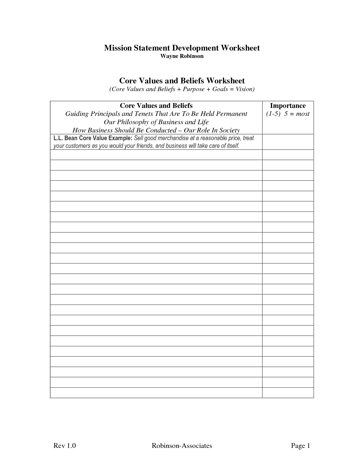 Core Values and Beliefs Worksheet