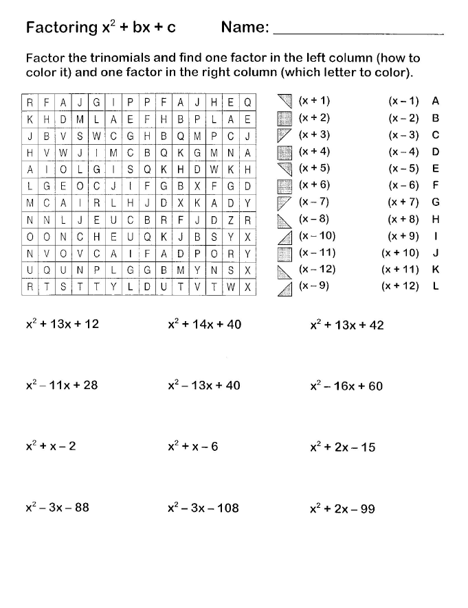 Factoring Trinomials Worksheet Coloring