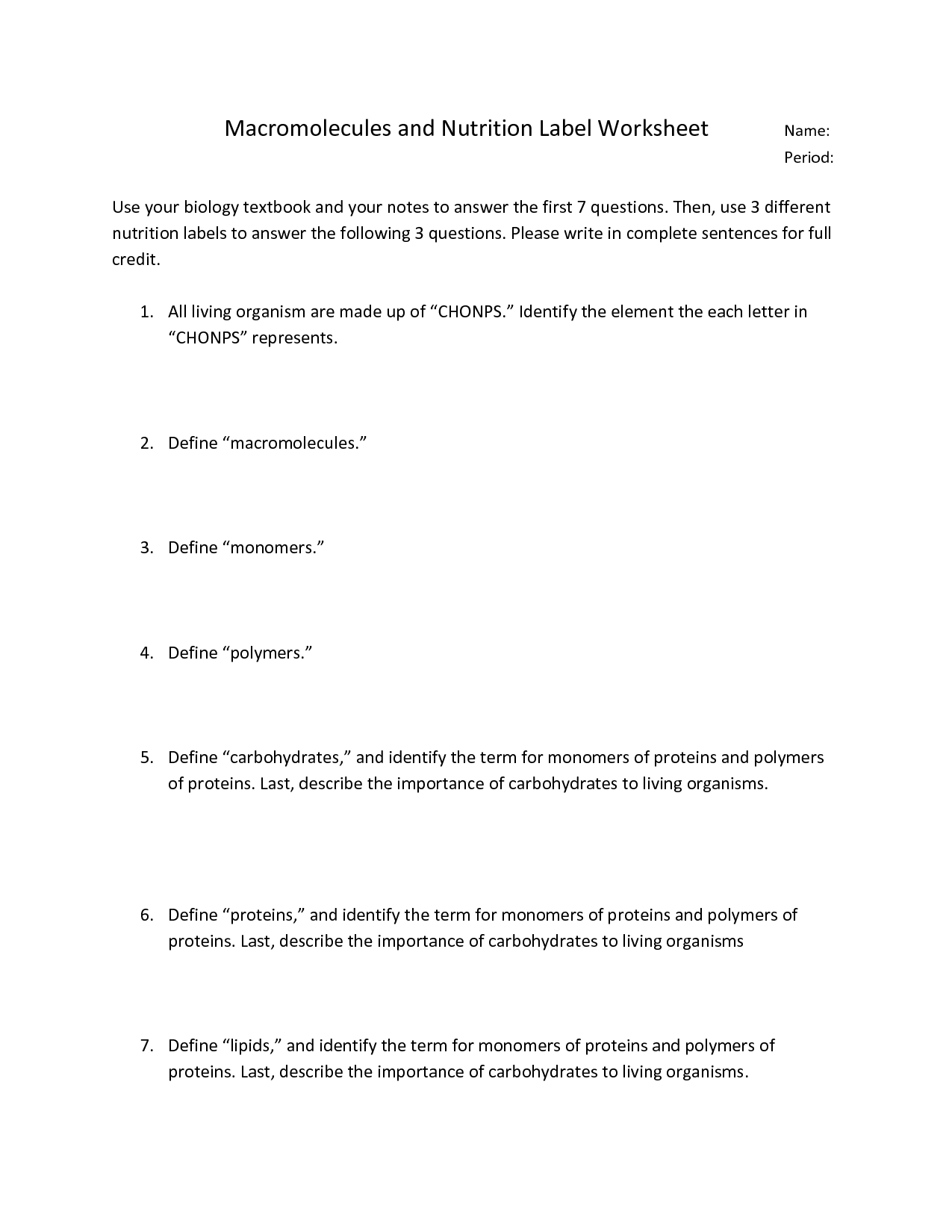 Label and Nutrition Worksheet Macromolecules