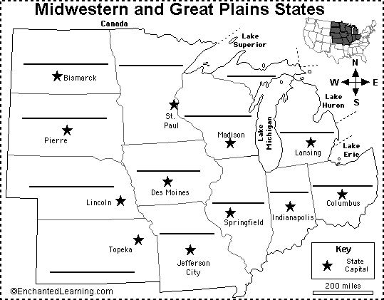 Midwest Region States and Capitals Map