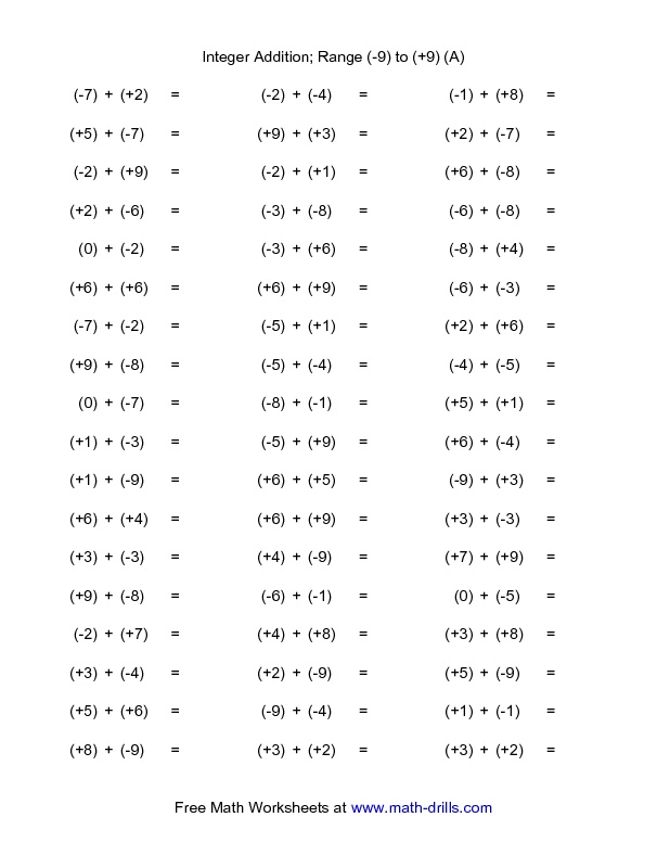 Adding Integers Worksheet