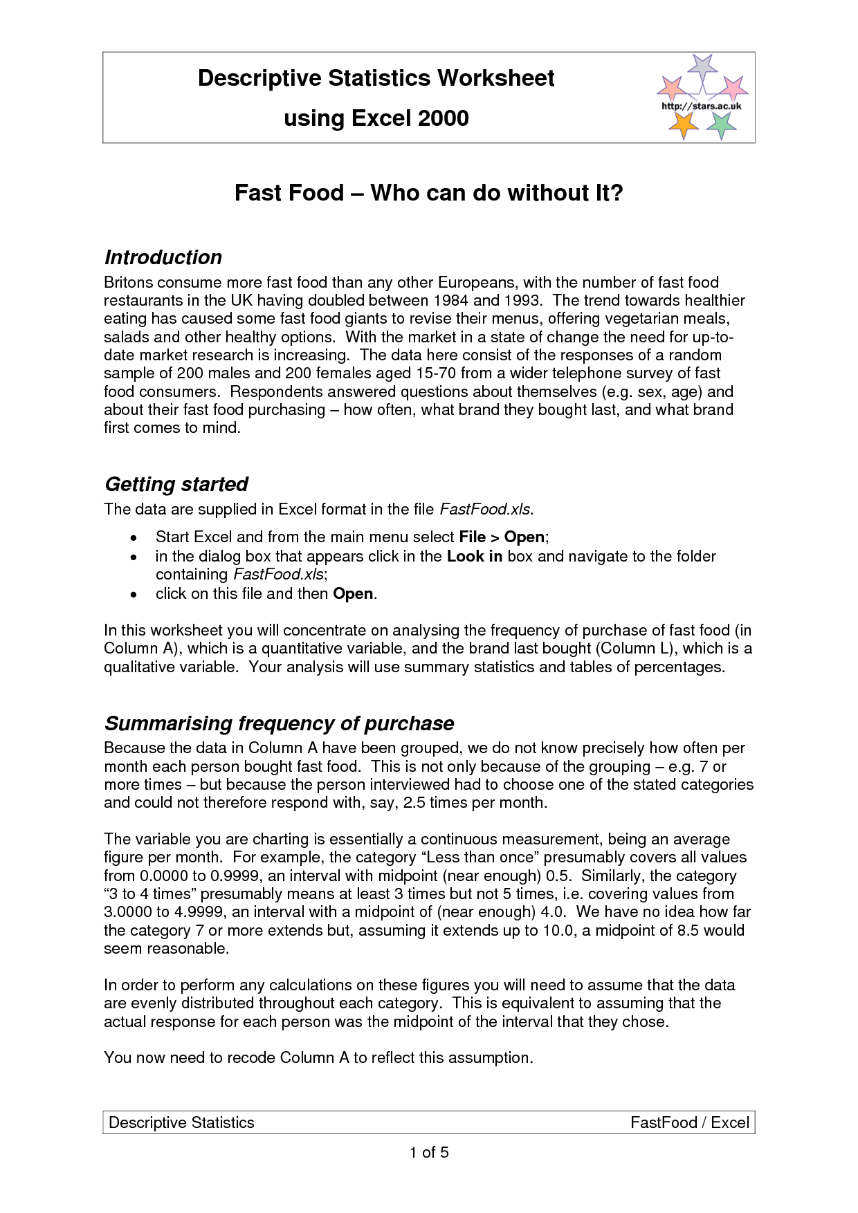 Descriptive Statistics Worksheet