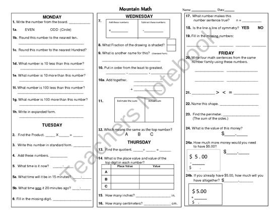 Mountain Math Worksheet 3rd Grade