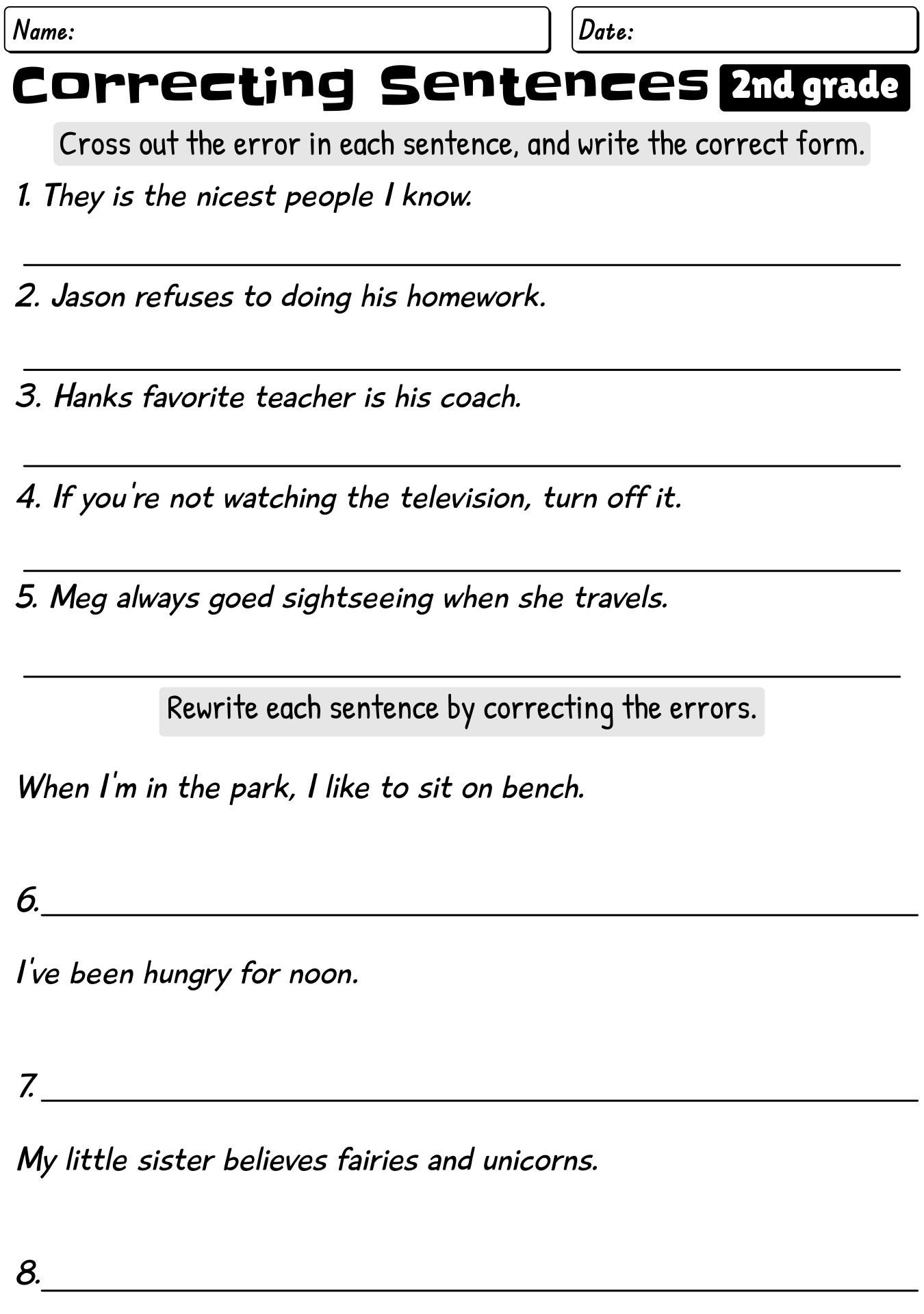 Second Grade Sentence Correction Worksheet