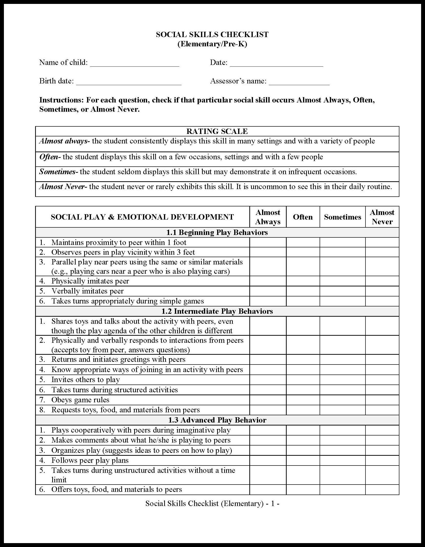 Social Skills Checklist Elementary