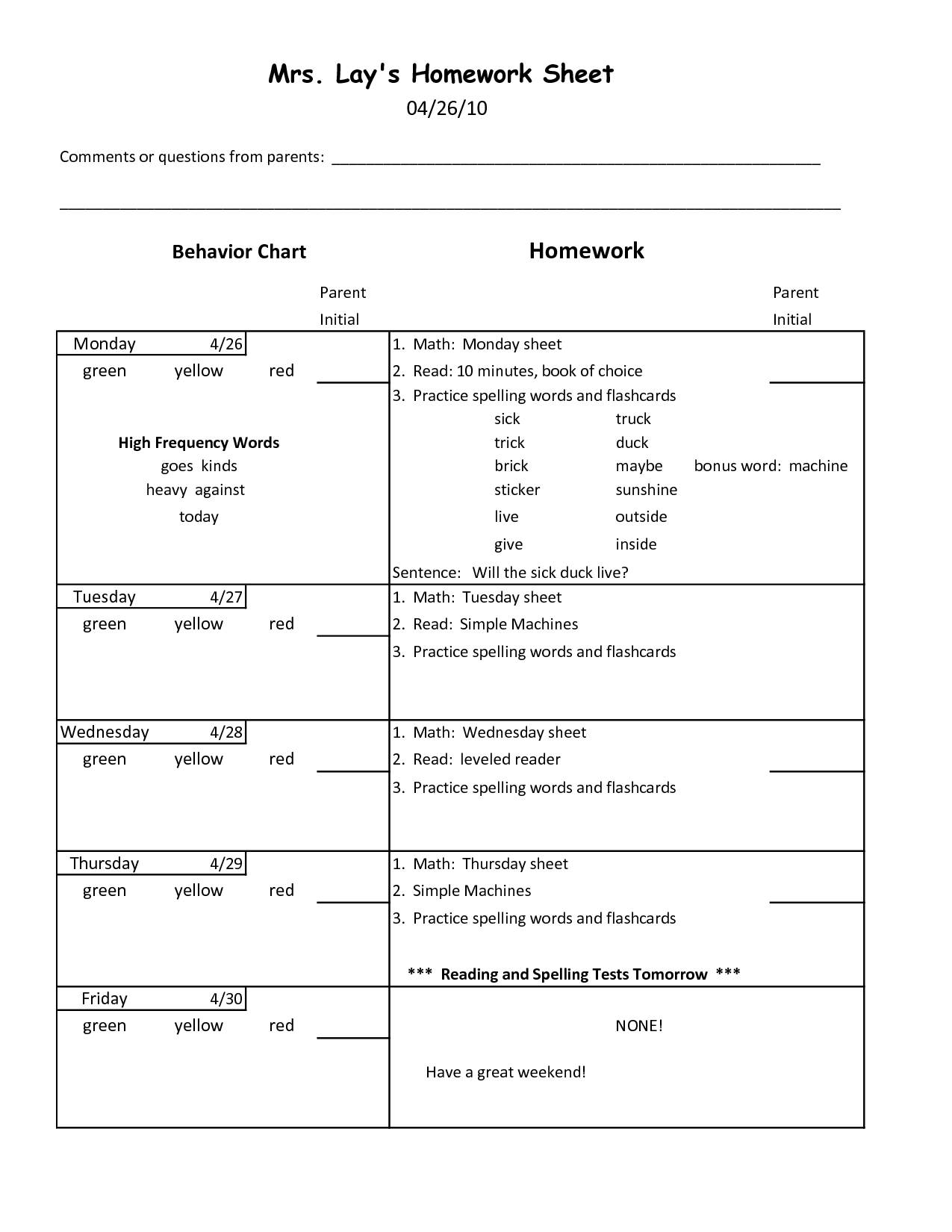 4th Grade Reading Homework Sheets