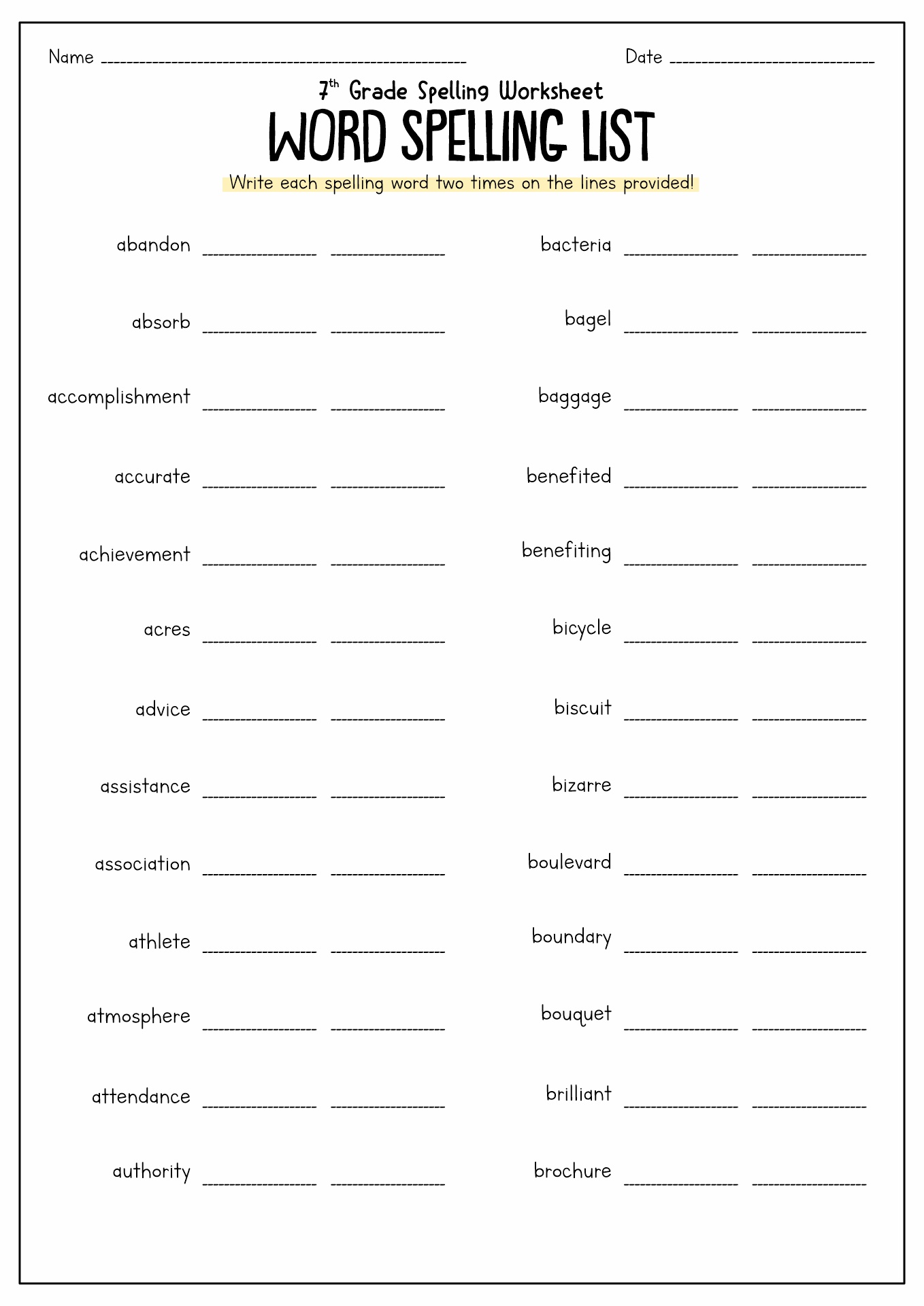7th Grade Spelling Worksheets