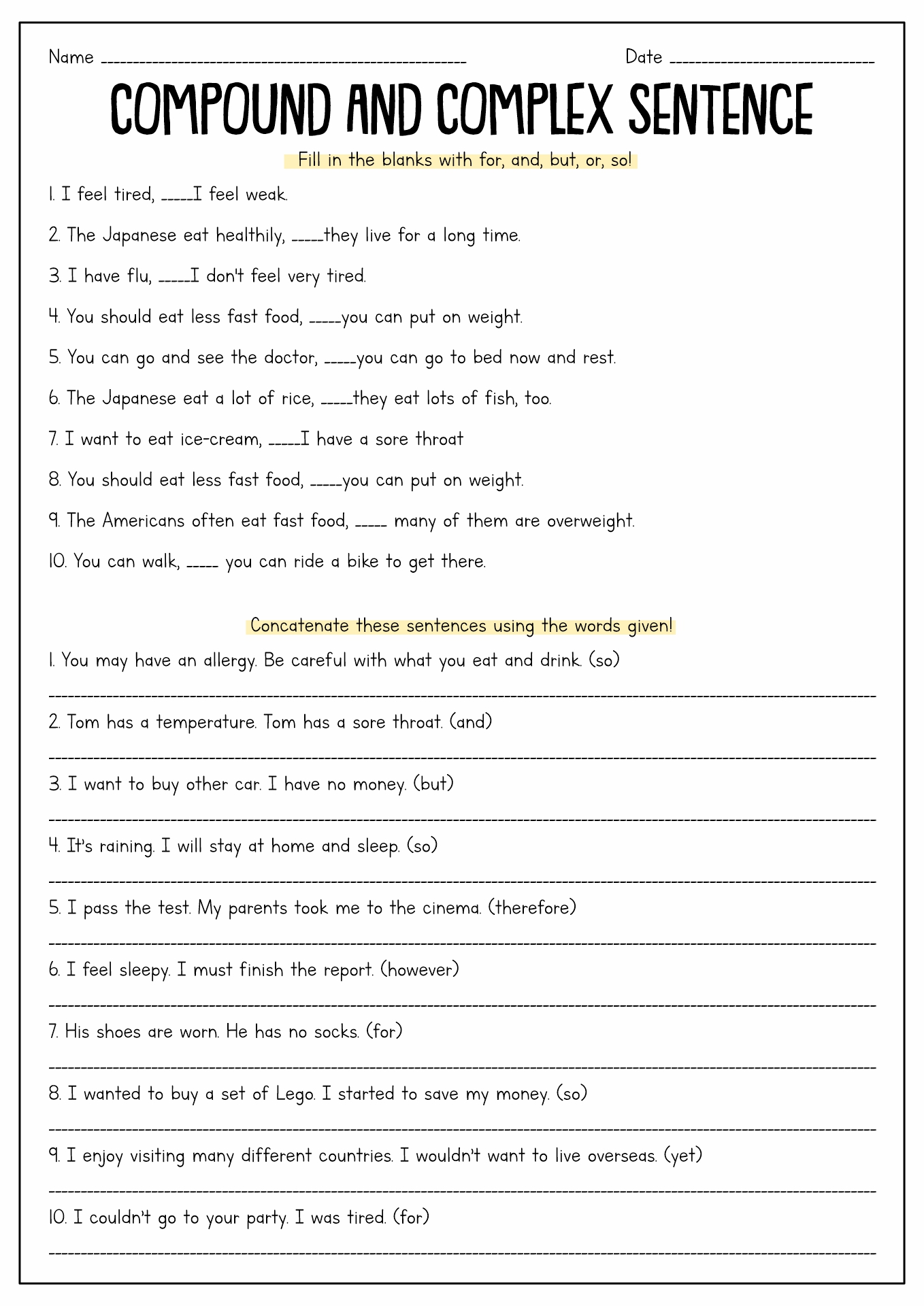 Simple Complex And Compound Sentences Worksheet With Answers