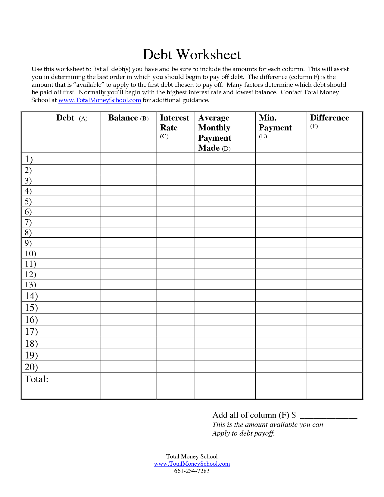 Debt Free Printable Bill Payment Sheet