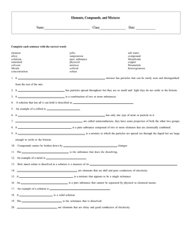 Elements Compounds and Mixtures Worksheet Answers