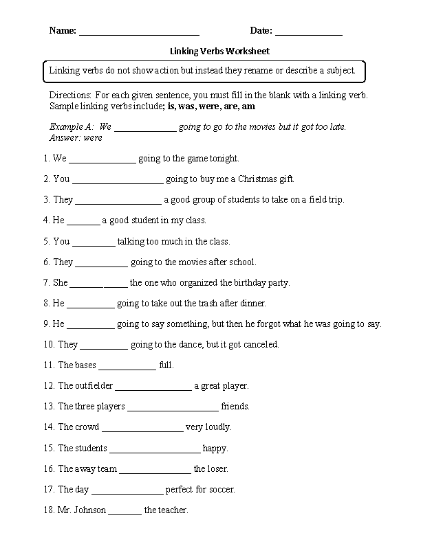 Linking Verbs Worksheet