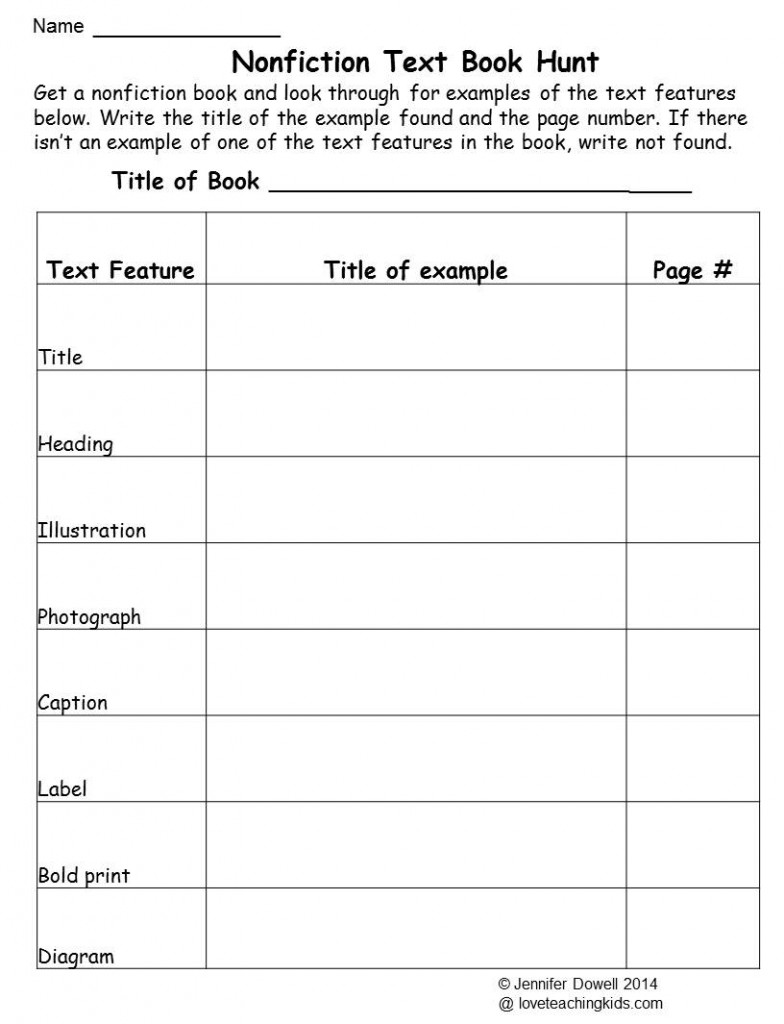 Nonfiction Text Features Worksheet