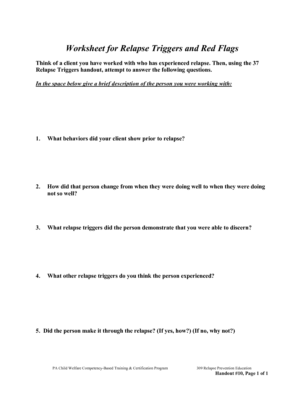 Relapse Prevention Plan Worksheets