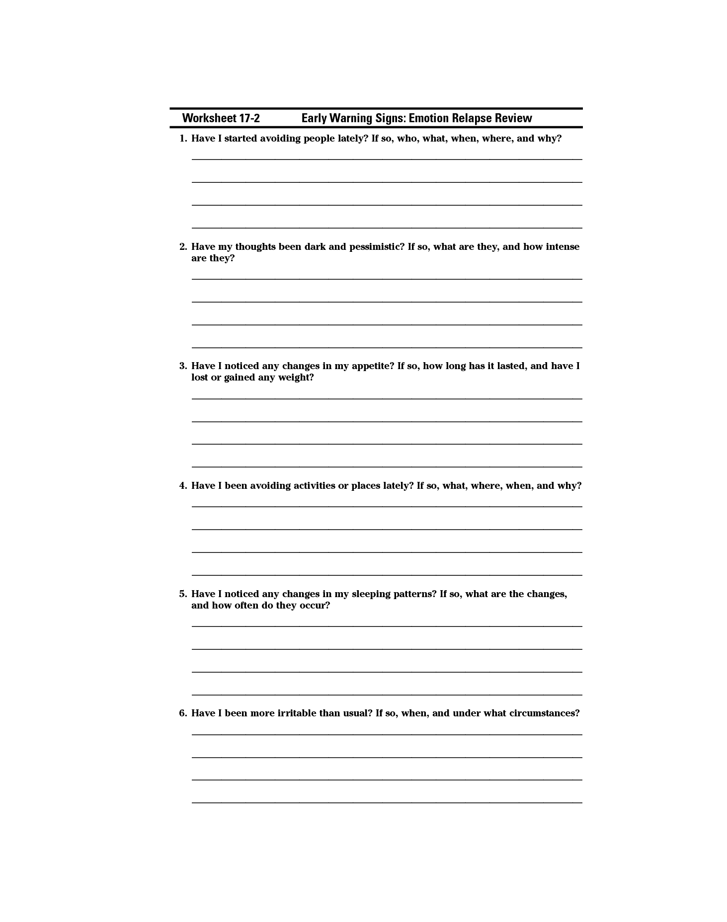 Relapse Warning Signs Worksheets