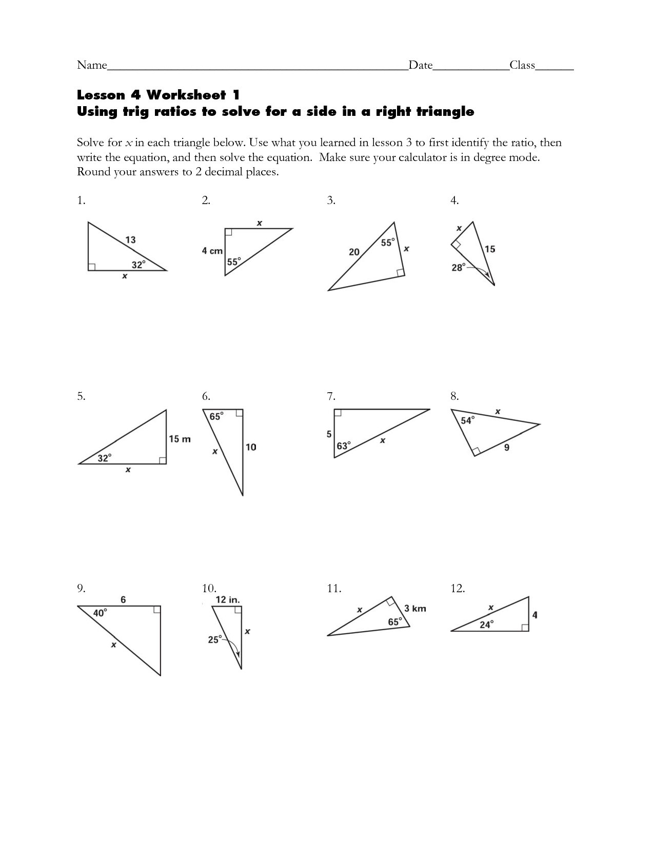 Solving Right Triangle Trigonometry Worksheet