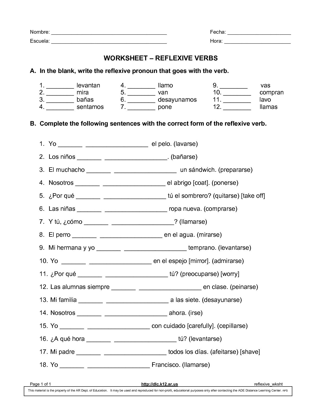 Spanish Reflexive Verbs Worksheet