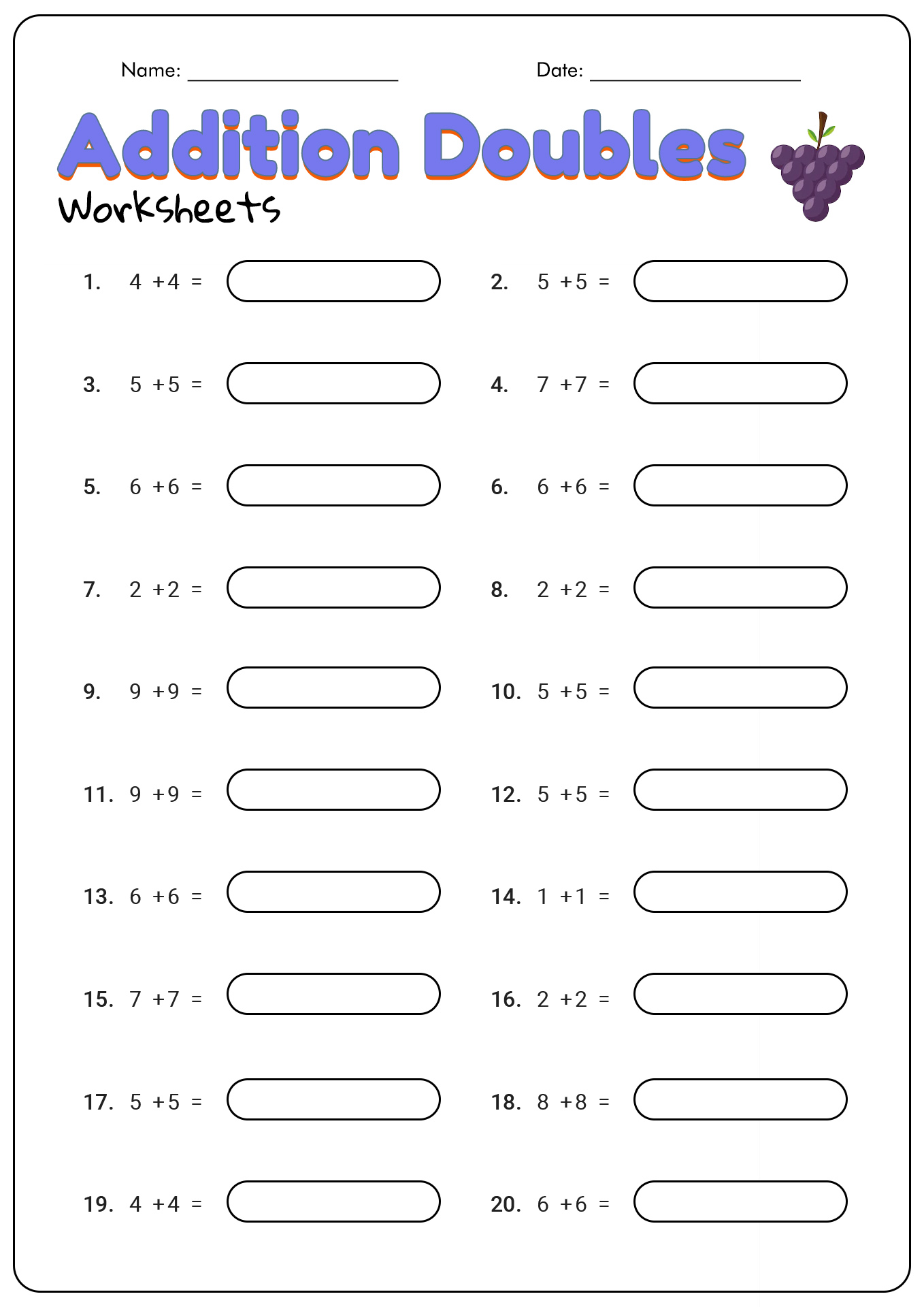 20 Doubles Fact Practice Worksheet - Free PDF at worksheeto.com