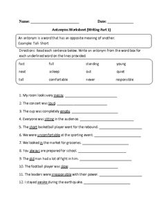 Antonyms Worksheets 3rd Grade