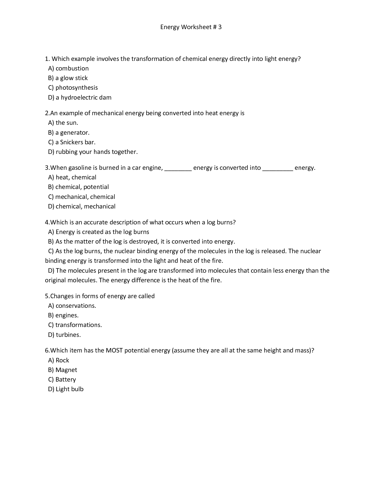 Energy Transformation Worksheets