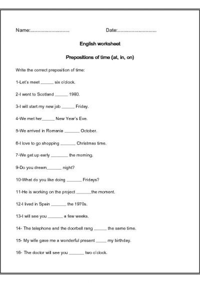 ESL Prepositions Worksheet