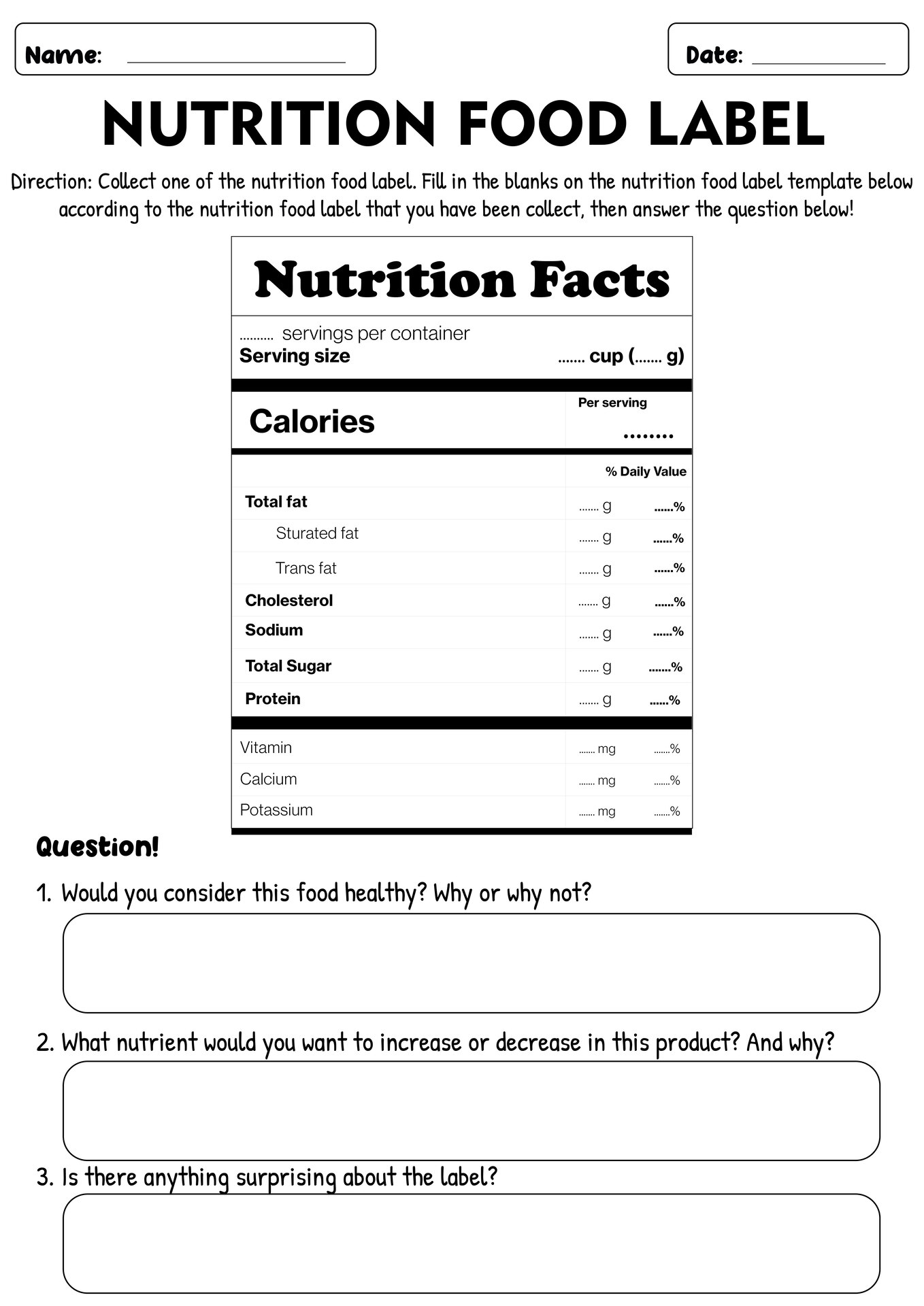 Food Nutrition Labels Worksheet