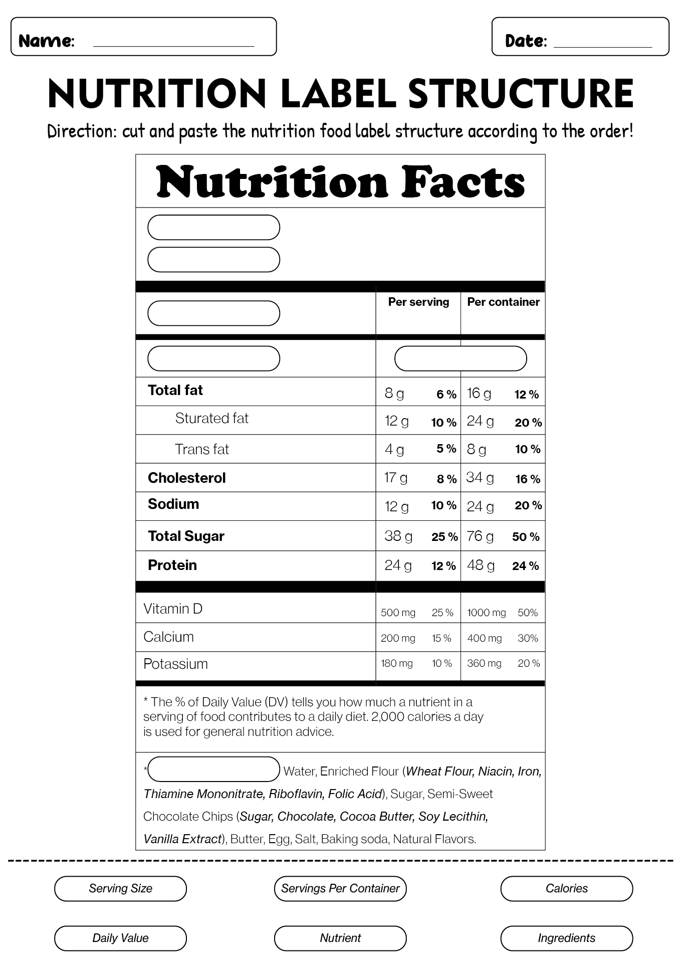 Printable Food Nutrition Labels Worksheet