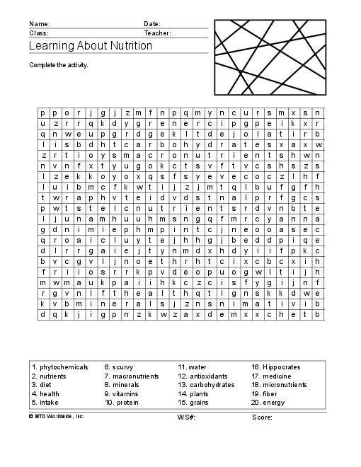 Printable Nutrition Word Search